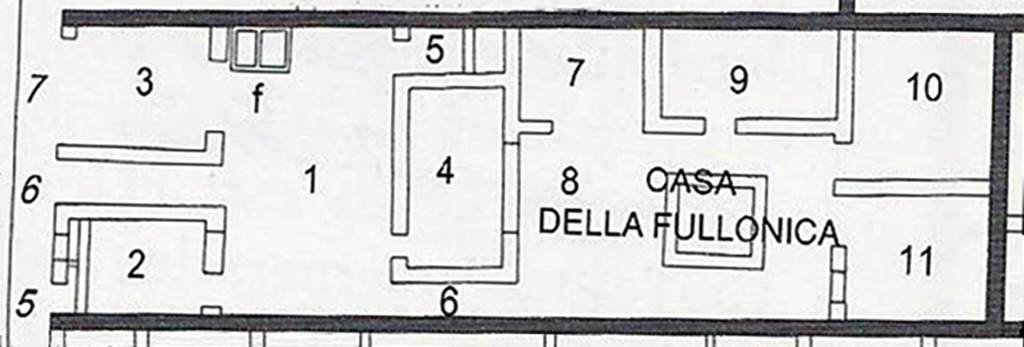 Herculaneum IV.6. Plan of the Casa della Fullonica.
See Pesando, F. and Guidobaldi, M.P. (2006). Pompei, Oplontis, Ercolano, Stabiae. Editori Laterza, (p. 335)